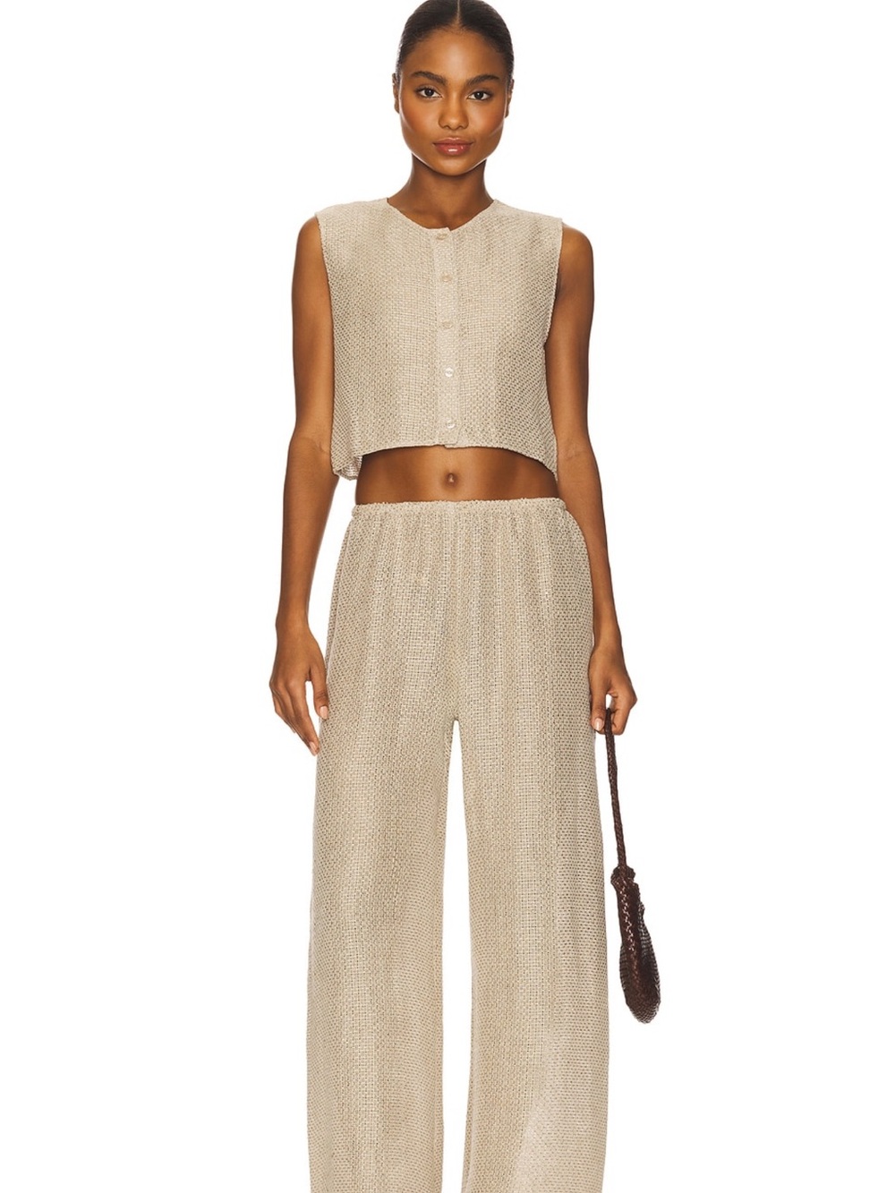 LESET Beige Sleeveless Cropped Knit Tank & Wide-Leg Pants Set